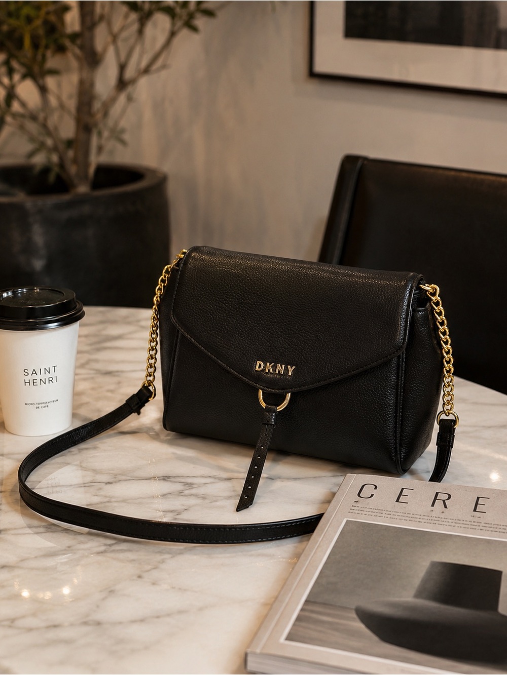DKNY Black Leather Shoulder Bag with Gold Hardware